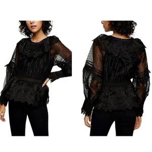 Topshop Dobby Shirred Waist Women's Long Sleeve Blouse Black Size 2 New